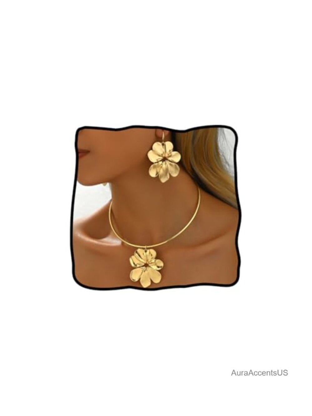 Gold Plated Flower Necklace Earrings Set Women Statement Dangle Choker Jewelry